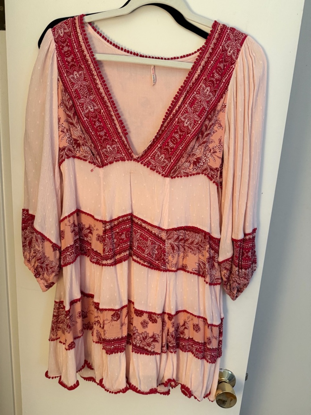 Women's Boho V-Neck Tunic dress - Pink with Red Trim